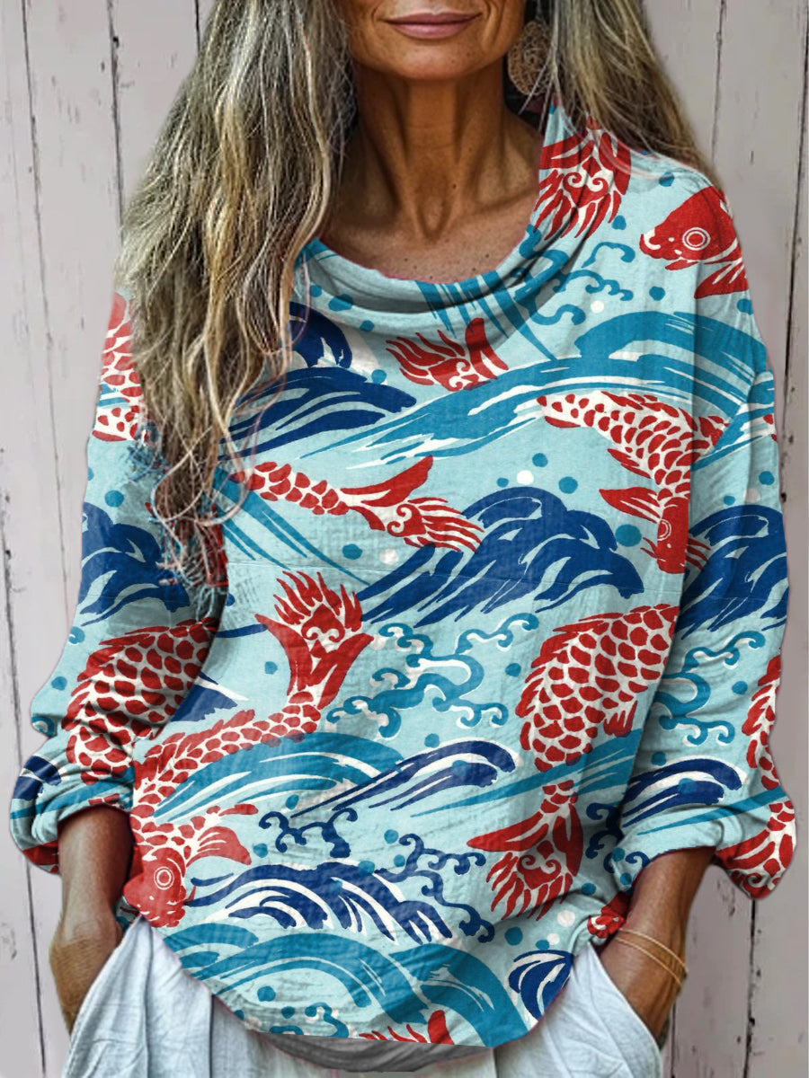 Women's Carp Print Casual Long Sleeve T-shirt
