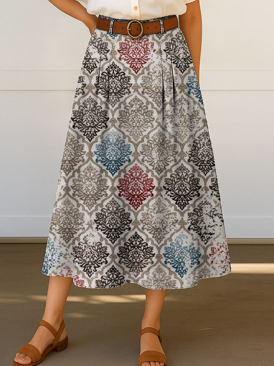 Women's Retro Pattern Print High Waist Casual A-Line Skirt