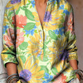 Women's Abstract Large Flower Painting Art Print Casual Cotton And Linen Shirt