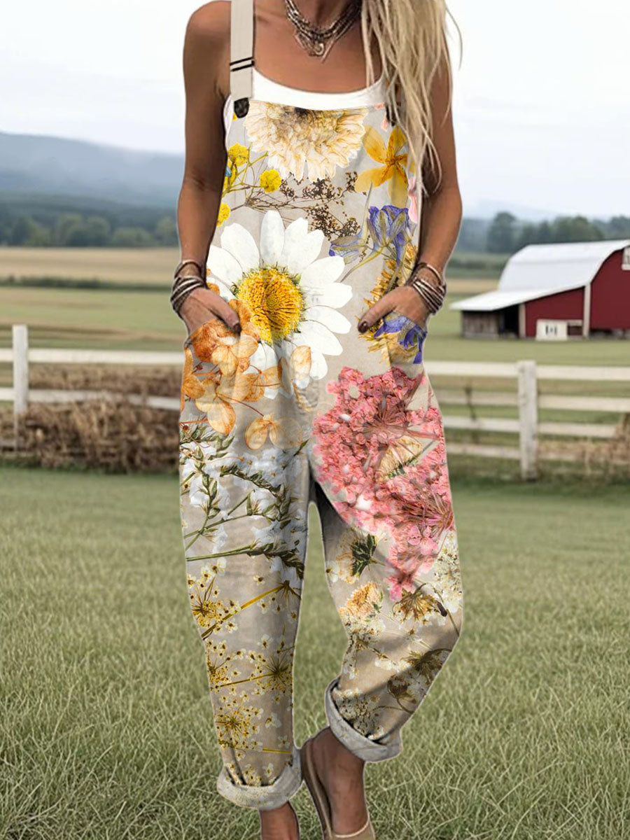 Women's Vintage Floral Art Print Casual 100% Cotton Wide Leg Jumpsuit