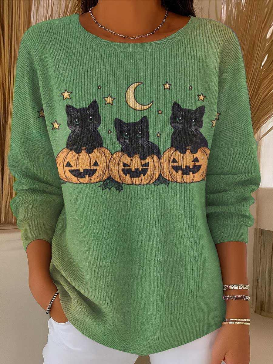 womens-halloween-cats-art-print-casual-pullover-sweater