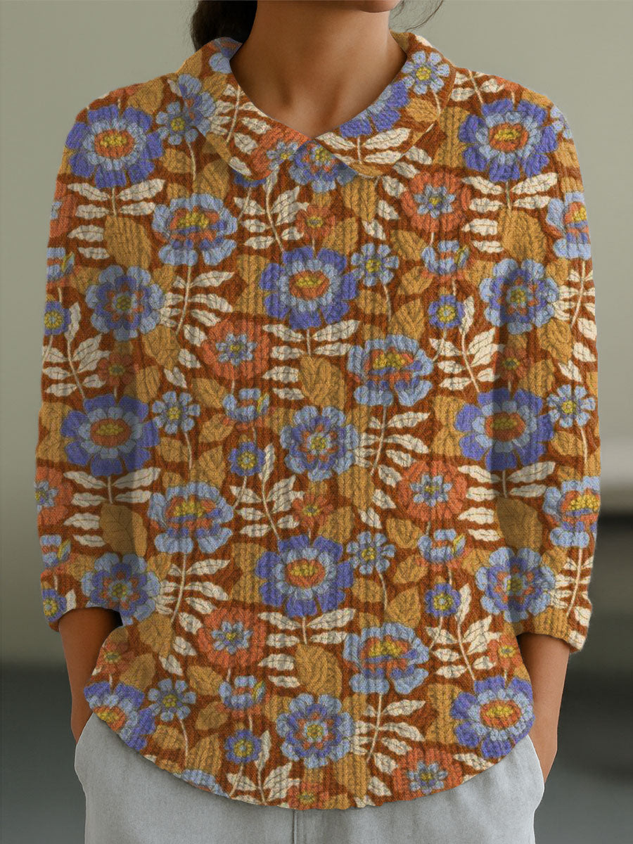 womens-vintage-flower-art-print-casual-peter-pan-collar-3-4-sleeve-sweater-ctkv