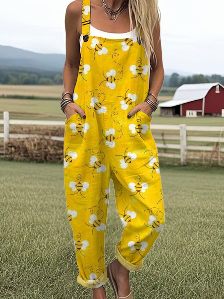 Women's Funny  Bee Art Print Casual 100% Cotton Wide Leg Jumpsuit