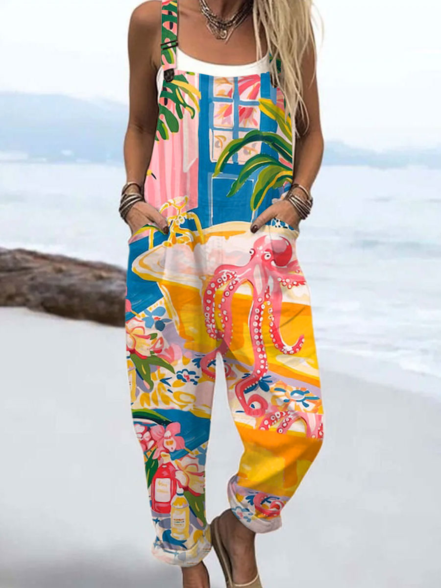 Women's   Vintage Octopus Art Print Casual 100% Cotton Wide Leg Jumpsuit