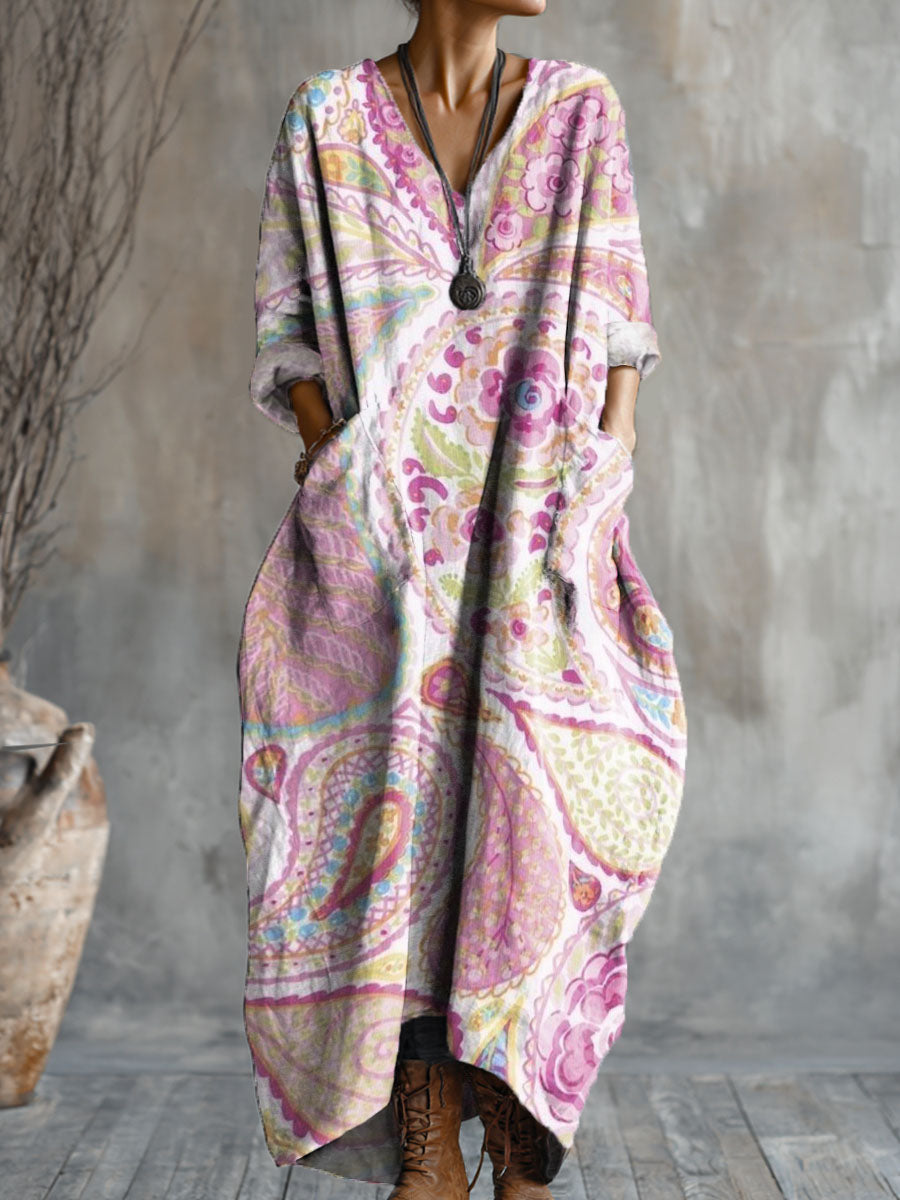 Women's Mix Flowers Art Pattern Print Pocket V-neck Cotton Dress