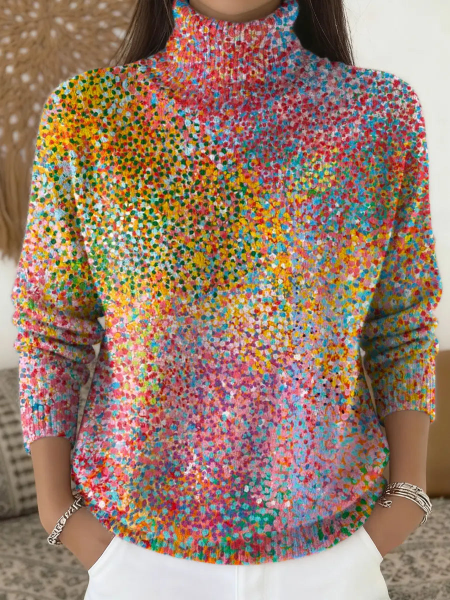 Women's Abstract Dot Pattern Art Print Knit Turtleneck Pullover Sweater
