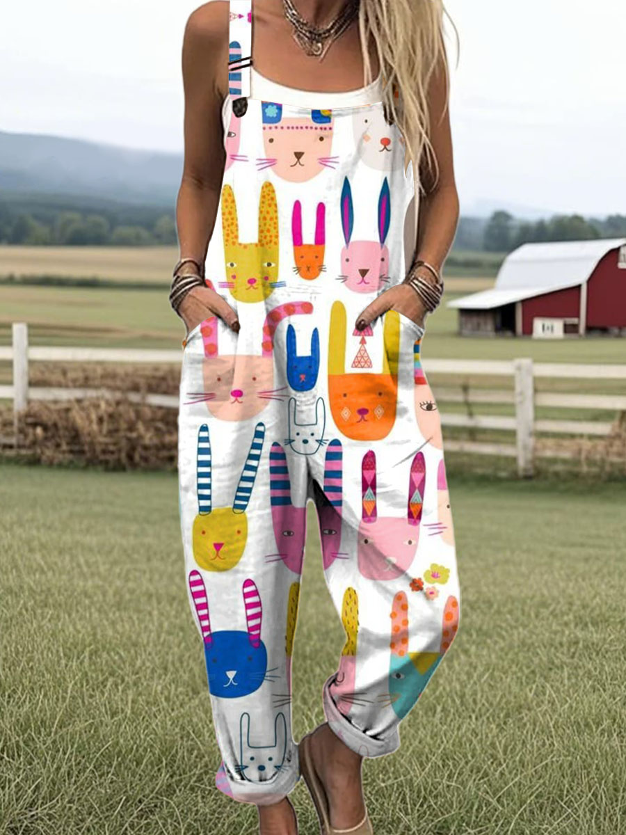 Women's Art Abstract Colourful Rabbit Print Casual 100% Cotton Wide Leg Jumpsuit
