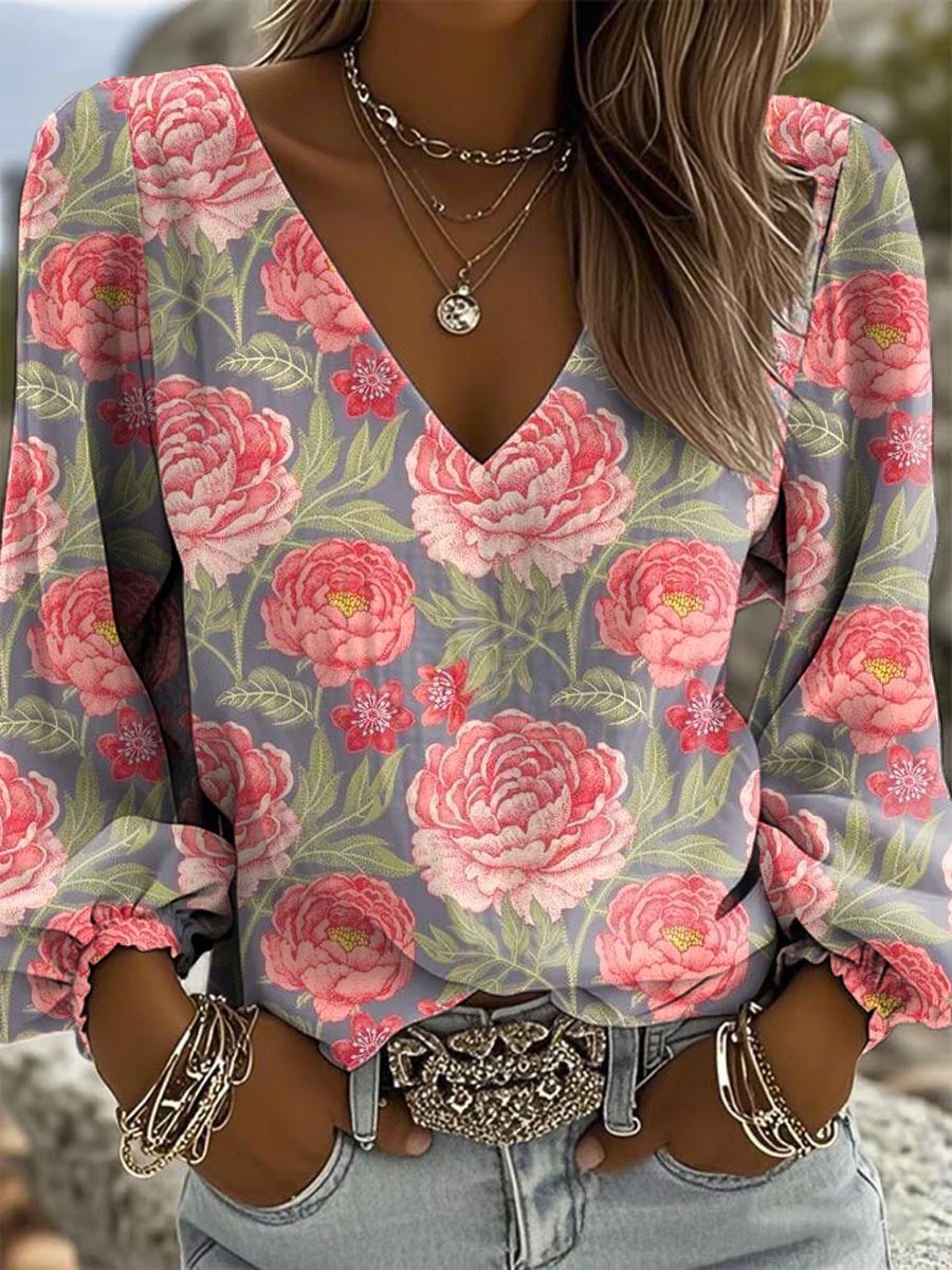 Women's Vintage Floral Art Pattern Print Casual Cotton And Linen Shirt