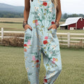 Women's  Vintage Flower Art Print Casual 100% Cotton Wide Leg Jumpsuit