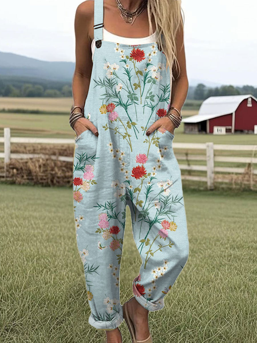 Women's  Vintage Flower Art Print Casual 100% Cotton Wide Leg Jumpsuit