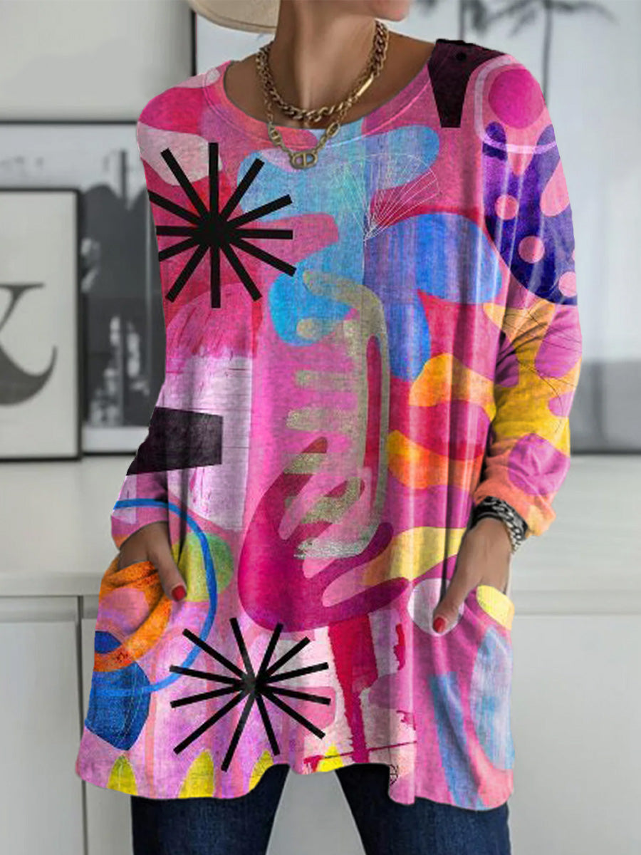 Women's Beautiful Colorful Abstract Geometric Graffiti Painting Art Print Casual Long Sleeve T-shirt