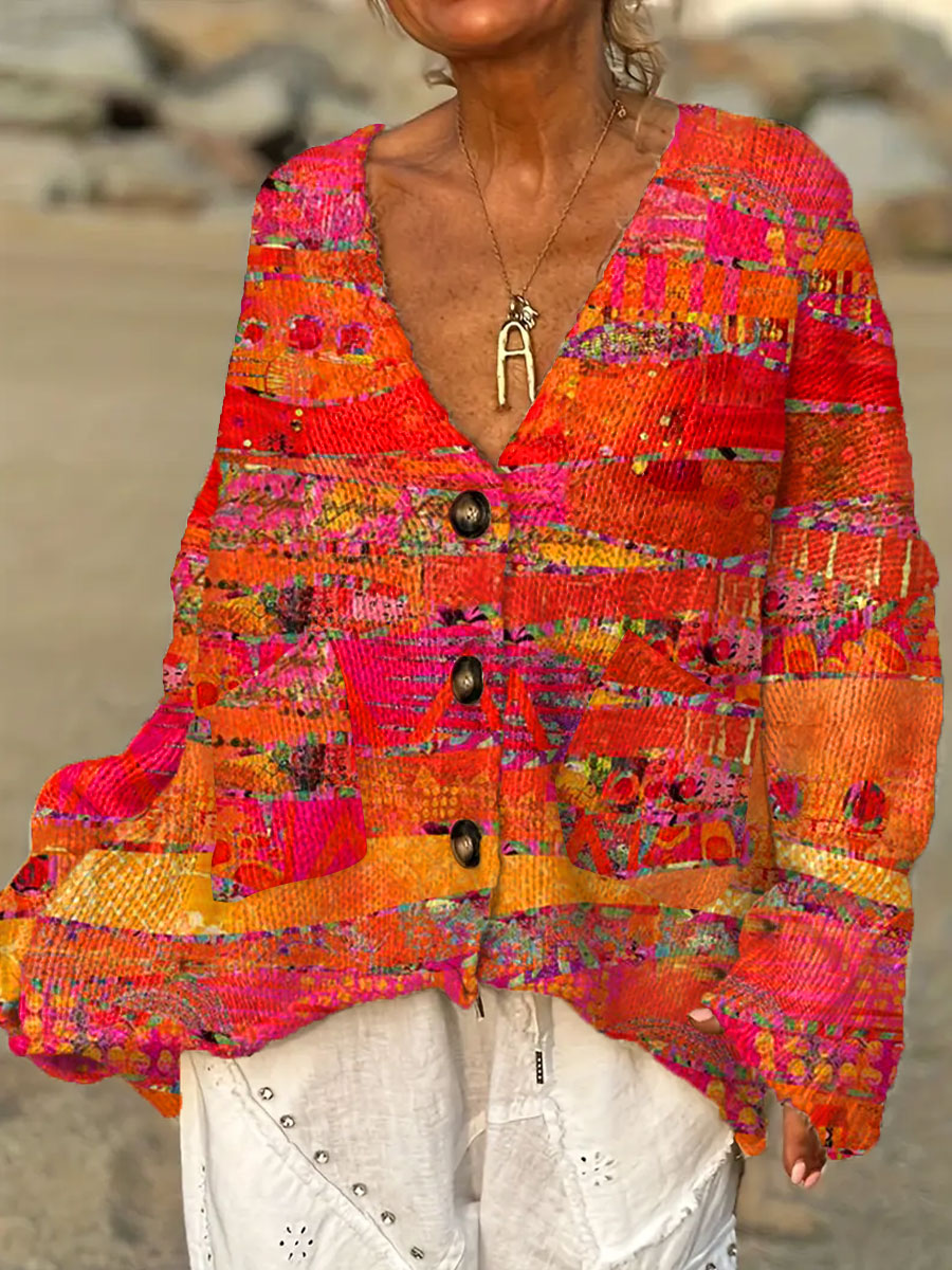 Women's Vintage Abstract Geometric Art Print Casual Pullover Sweater