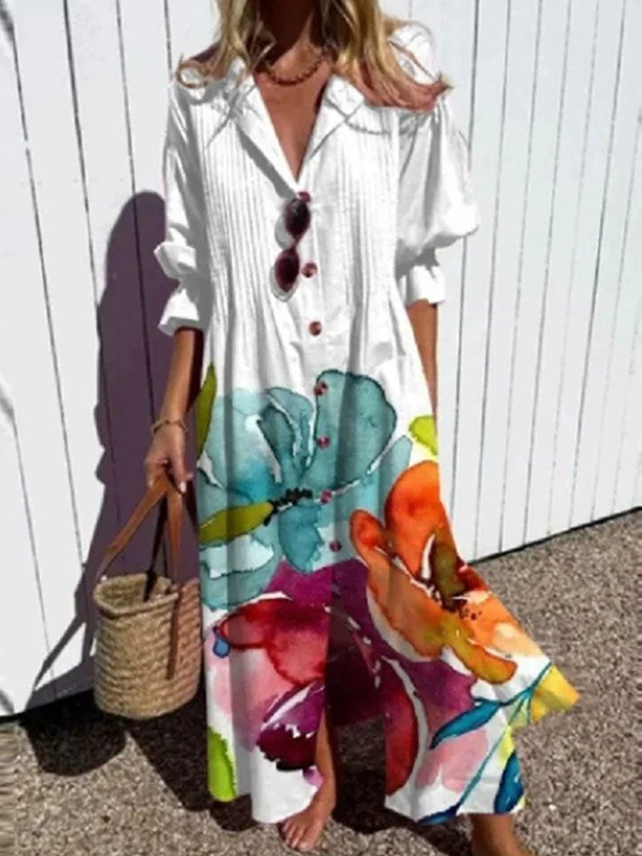 Women's Floral Art Print Pleated Casual Dress