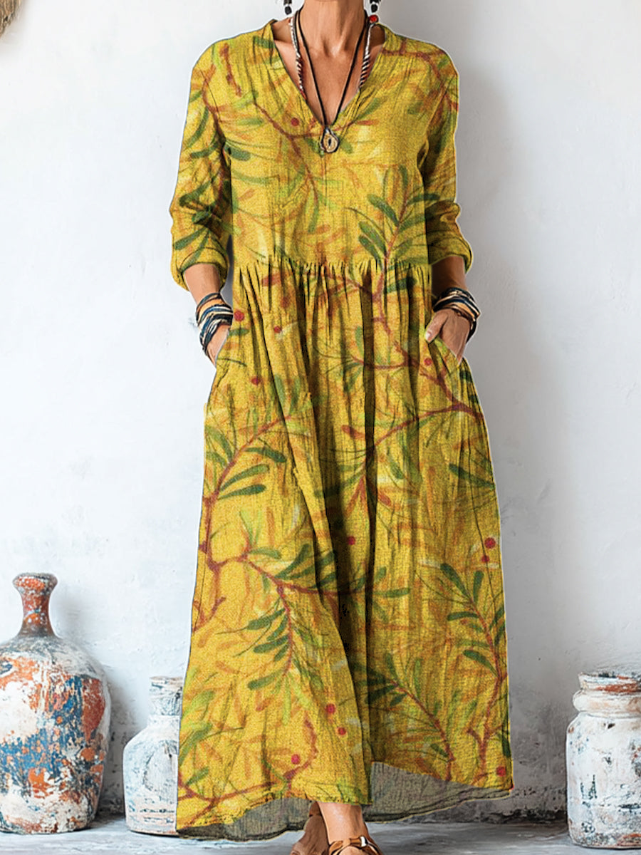 Women's Vintage Ethnic Leaves Painting Art Print Linen Pocket Tunic Dress