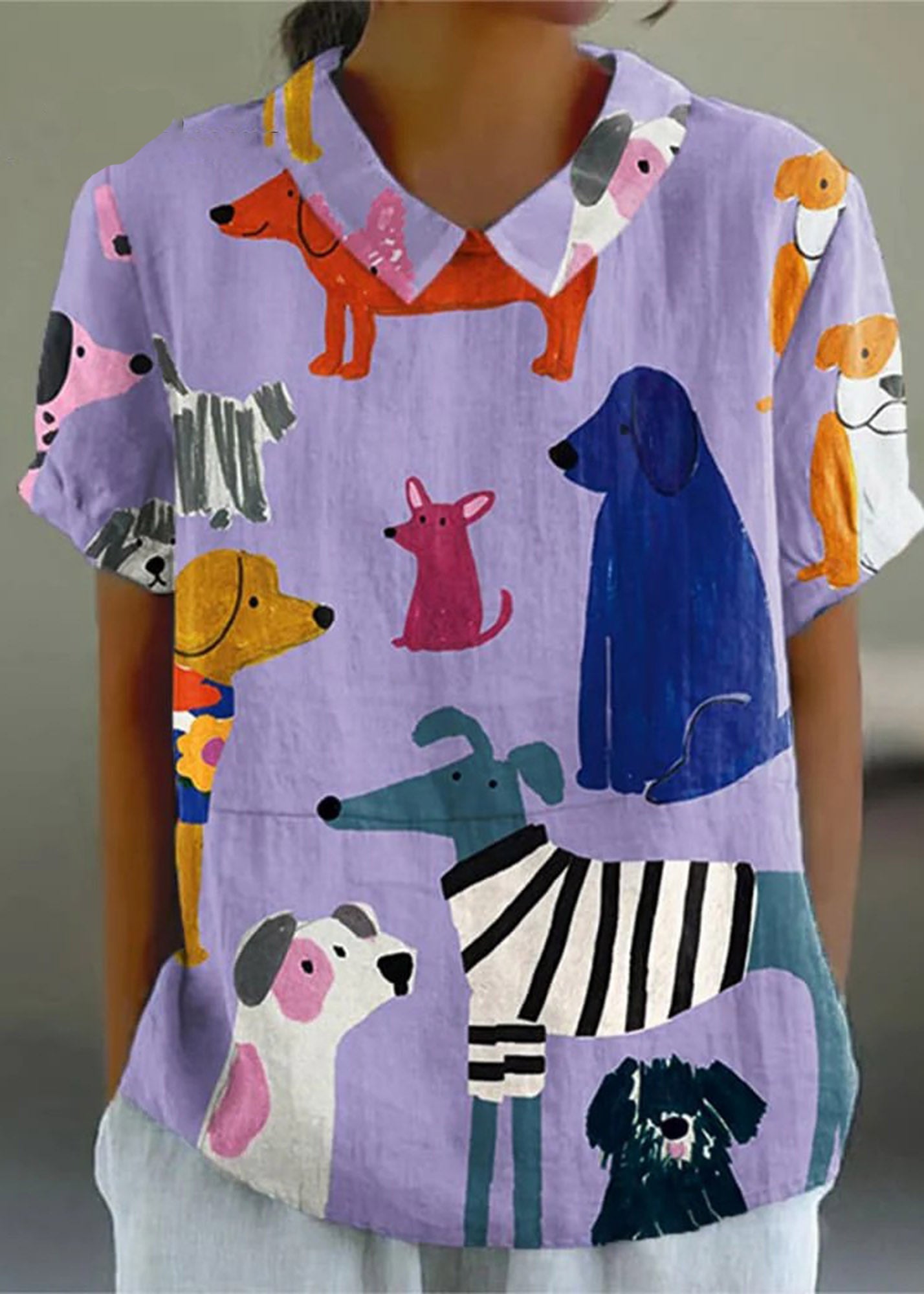Women's Dog  Art Print Casual Cotton And Linen Shirt