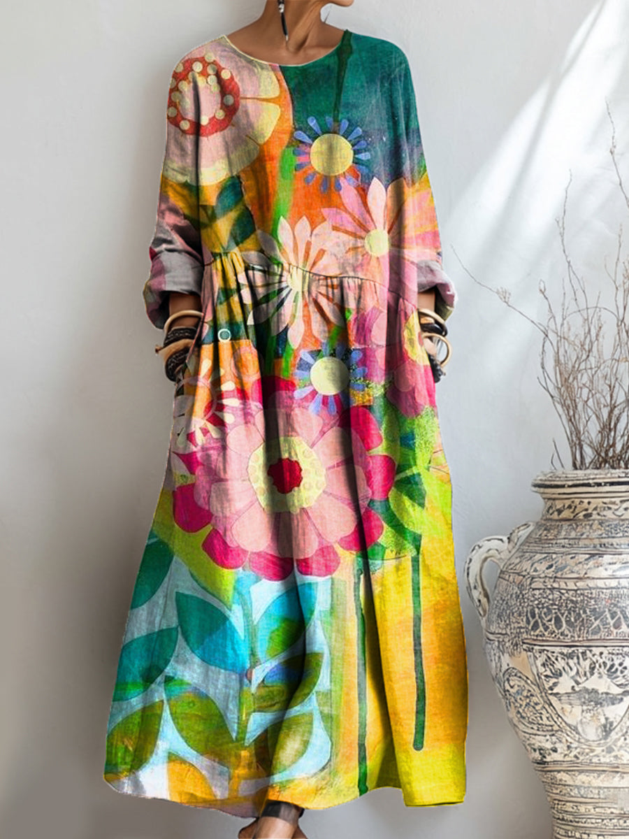 Women's Beautiful Colorful Abstract Floral Painting Art Print Pocket Cotton Dress