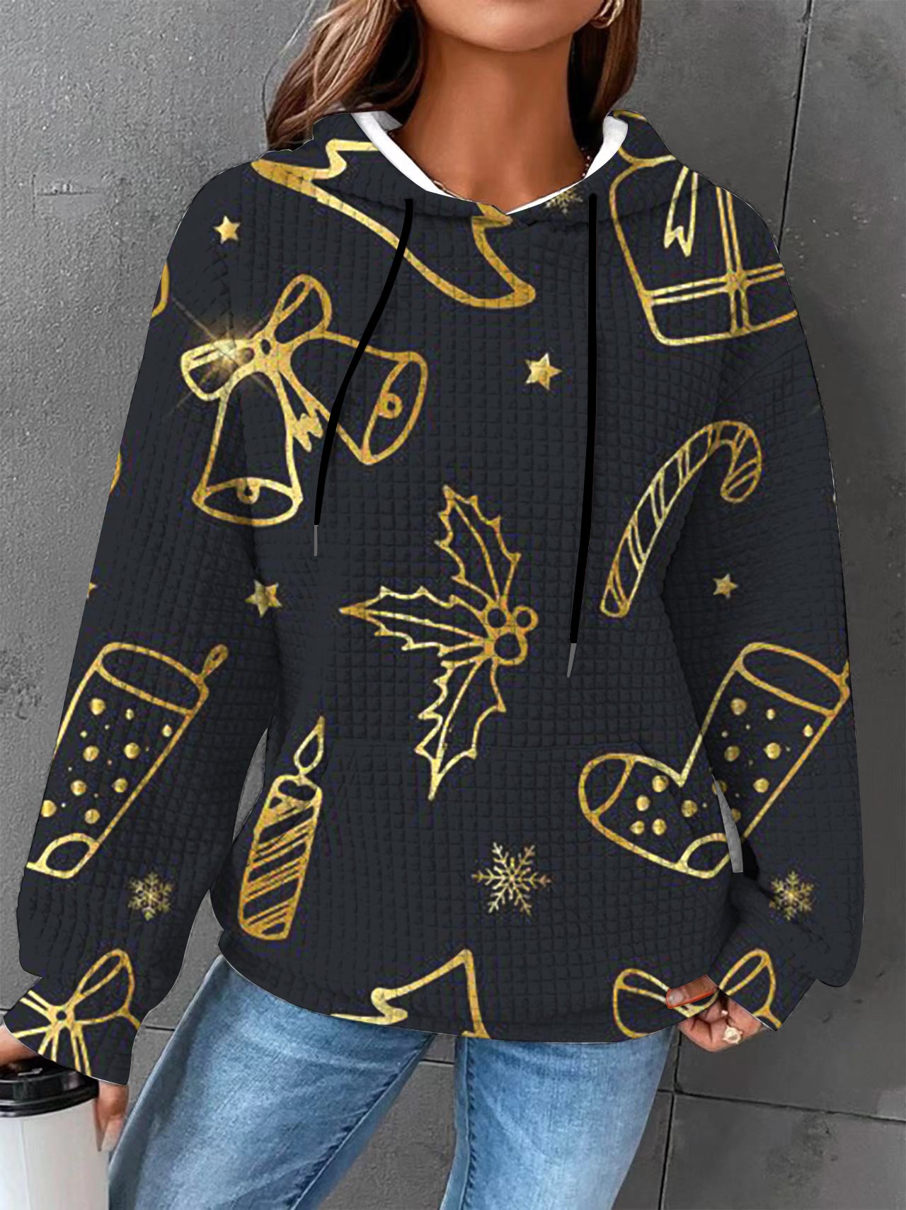 Plus Size Autumn/Winter Women's Waffle Essential Creative Printed Long Sleeve Hooded Sweatshirt