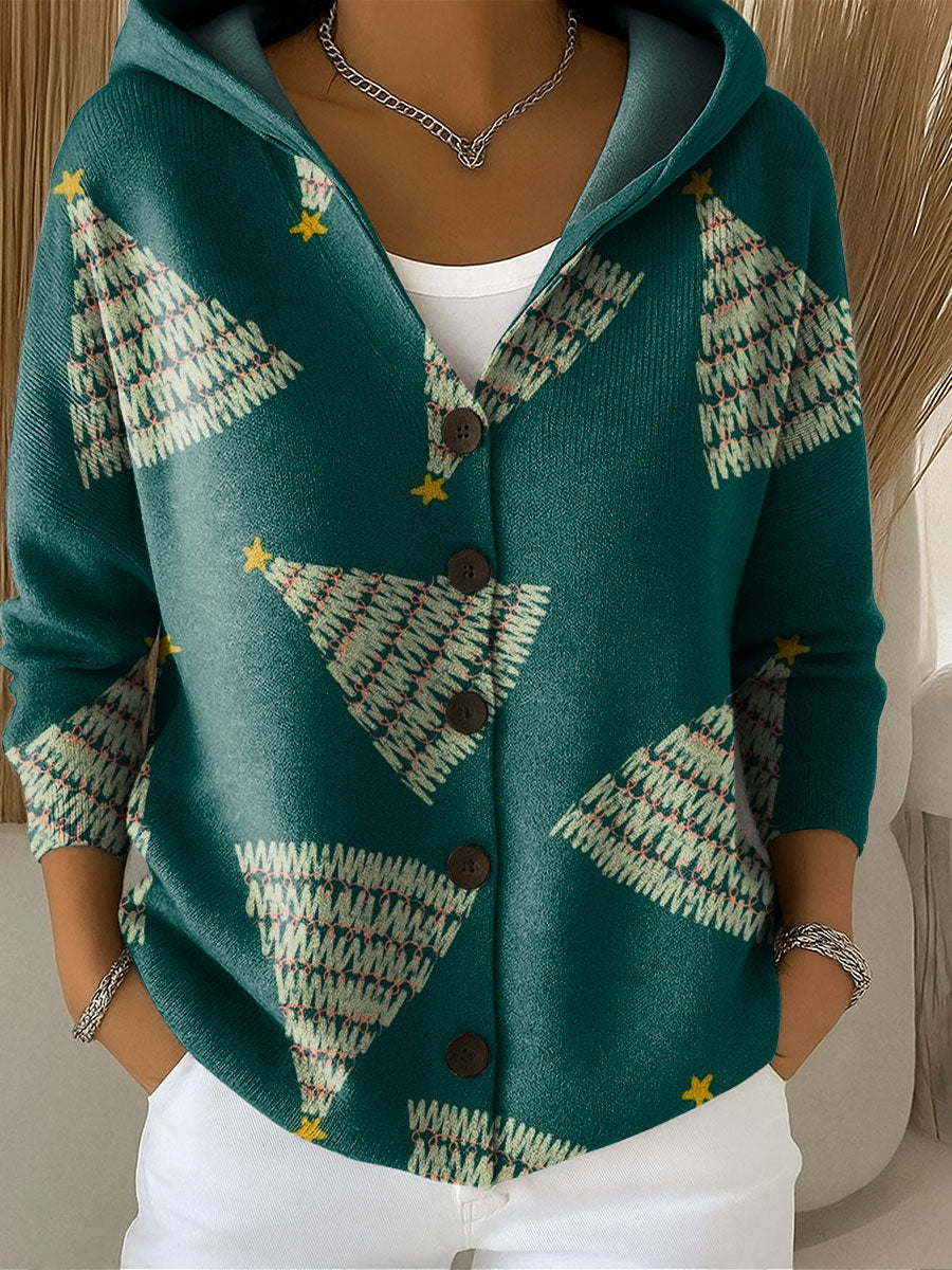 Women's Vintage Christmas Trees Pattern Printed Casual Hooded Button Sweater