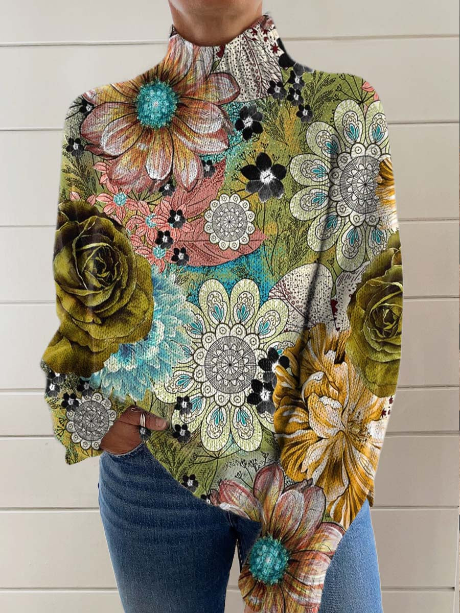 Women's Vintage Lovely Floral Art Print Knit Turtleneck Pullover Sweater