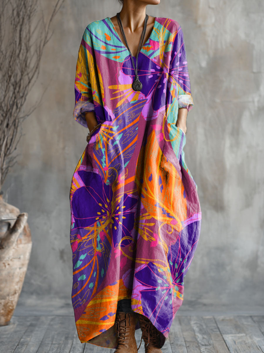 Women's Color Floral Art Pattern Print Pocket V-neck Cotton Dress