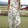 Women's  Vintage Flower Art Print Casual 100% Cotton Wide Leg Jumpsuit