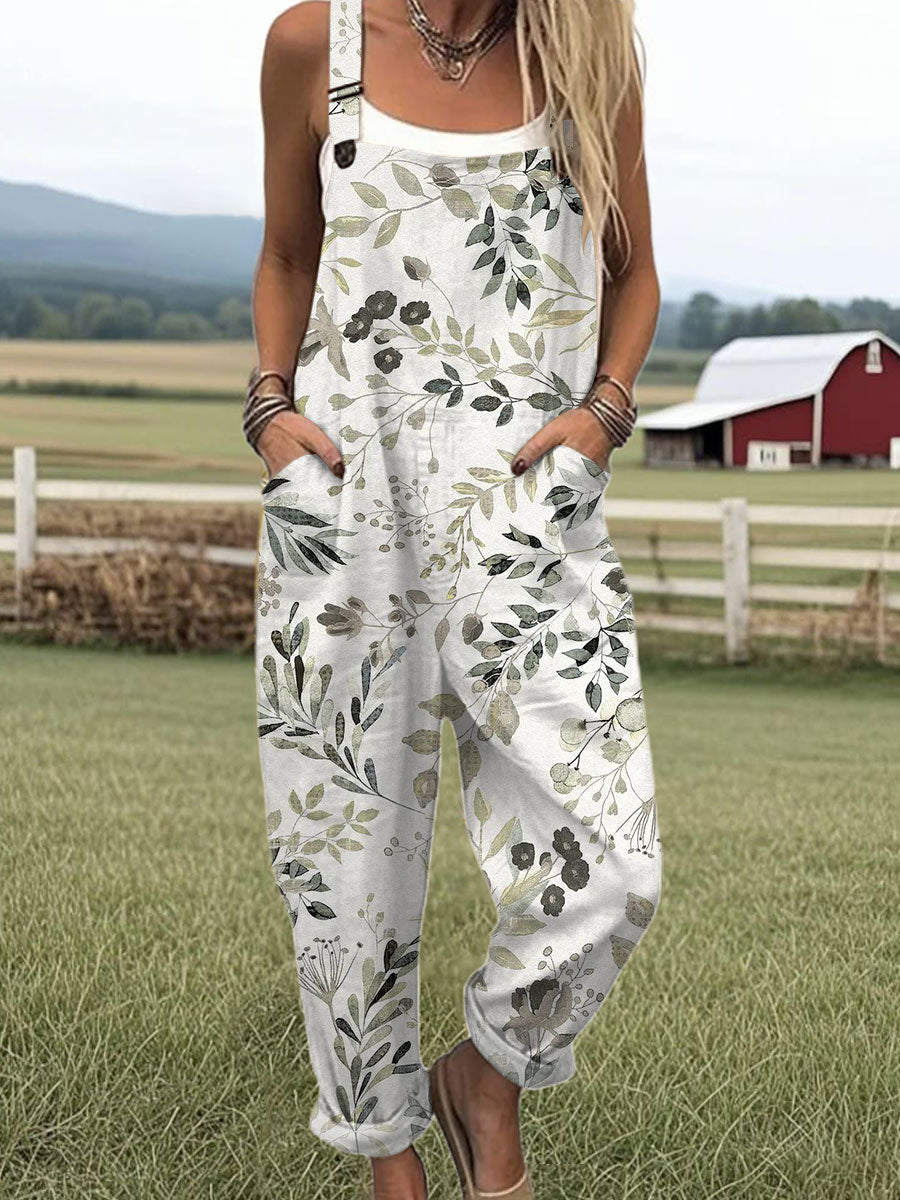 Women's  Vintage Flower Art Print Casual 100% Cotton Wide Leg Jumpsuit