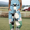 Women's Funny Sheep Art Print Casual 100% Cotton Wide Leg Jumpsuit