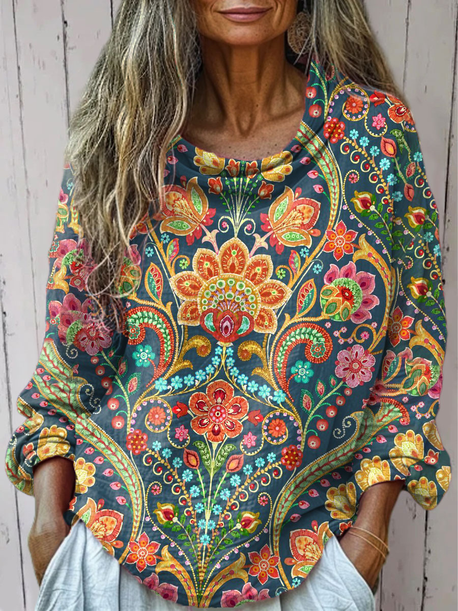 Women's  Vintage Cashew Flower Art Print Casual Long Sleeve Comfortable Cotton Shirt