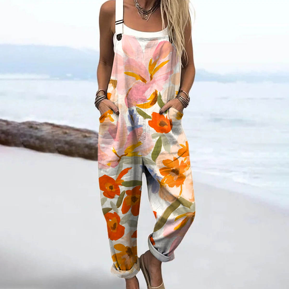 Women's Lovely Floral Art Print Casual 100% Cotton Wide Leg Jumpsuit