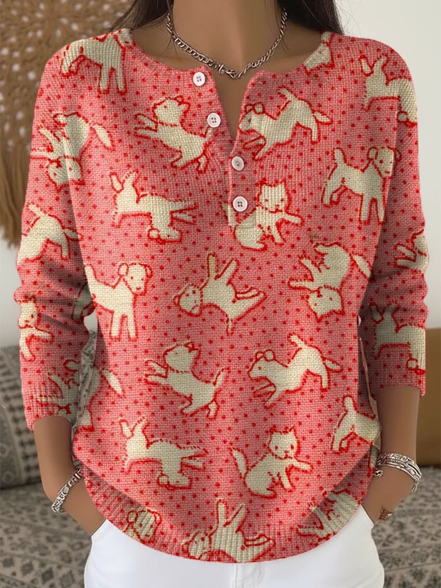 Women's Lovely Dogs Cats Pattern Art Print Buttoned Cardigan Sweater