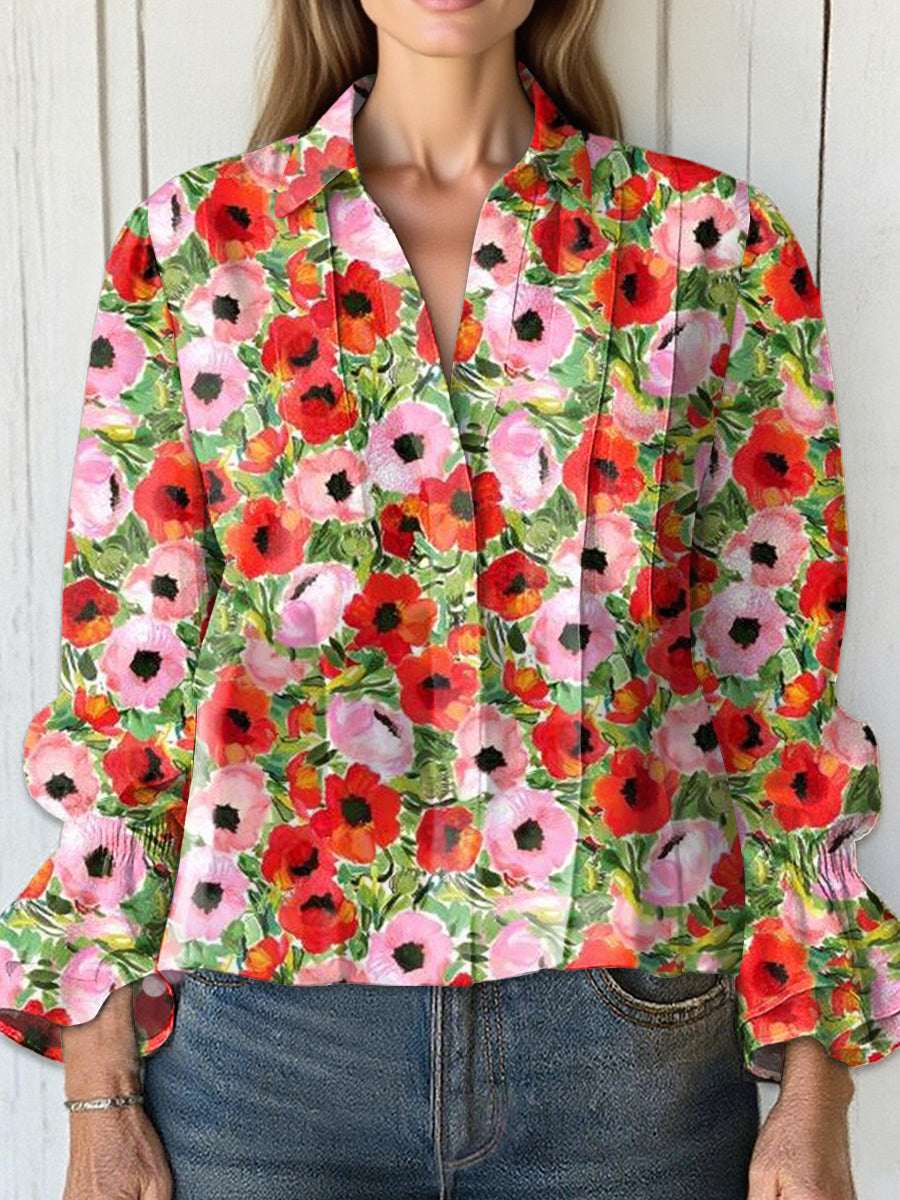 Women's  Vintage Flower Art Print Casual  Cotton And Linen Shirt