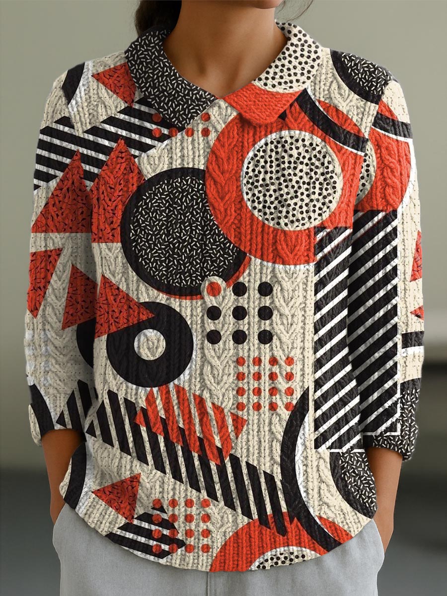 womens-geometric-pattern-art-print-casual-peter-pan-collar-3-4-sleeve-sweater-hzlh