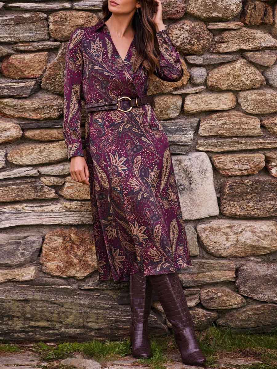 Women's Paisley Print V-Neck Long Sleeve Casual Loose Dress