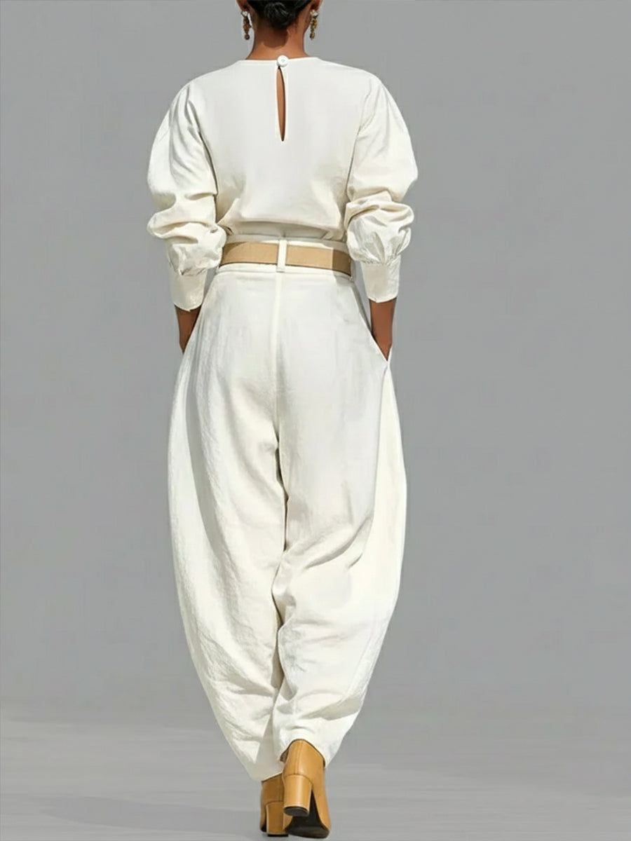 Casual Linen And Cotton Crew-neck Shirt And High-waisted Tapered Trousers Two-piece Set.