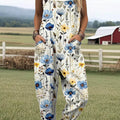 Women's Vintage Floral Art Print Casual 100% Cotton Wide Leg Jumpsuit