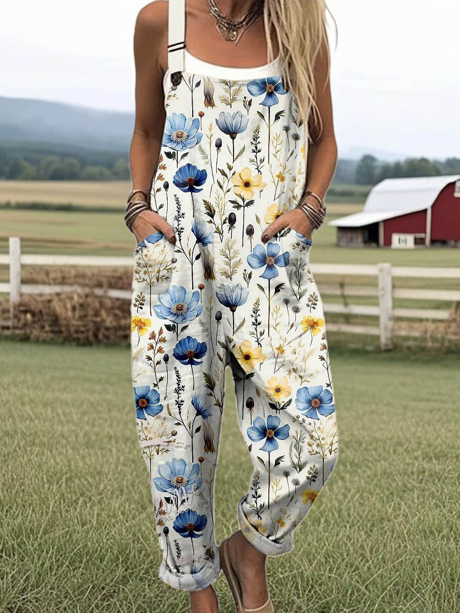 Women's Vintage Floral Art Print Casual 100% Cotton Wide Leg Jumpsuit