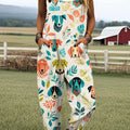 Women's Colorful Puppy Pattern Art Print Casual 100% Cotton Wide Leg Jumpsuit