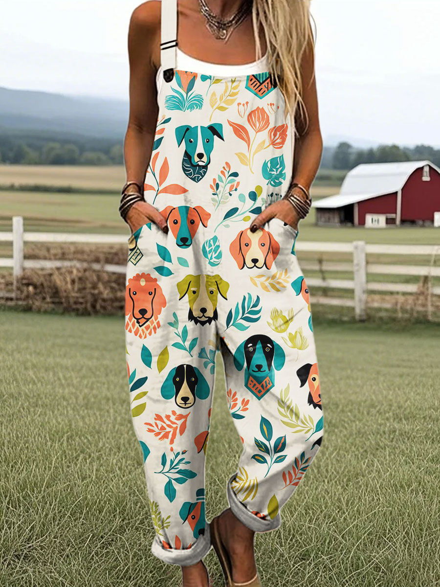 Women's Colorful Puppy Pattern Art Print Casual 100% Cotton Wide Leg Jumpsuit