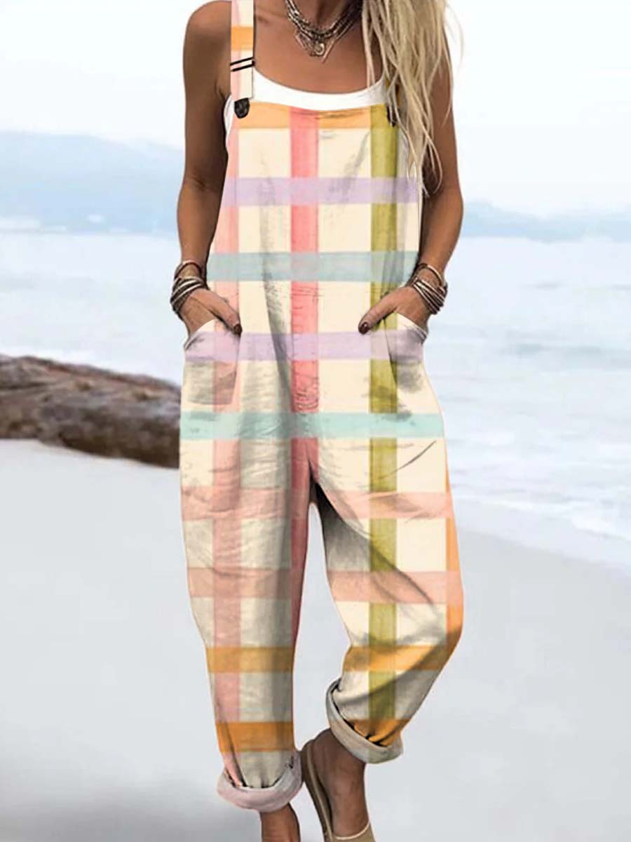 Women's Colourful Artistic Lines Print Casual 100% Cotton Wide Leg Jumpsuit