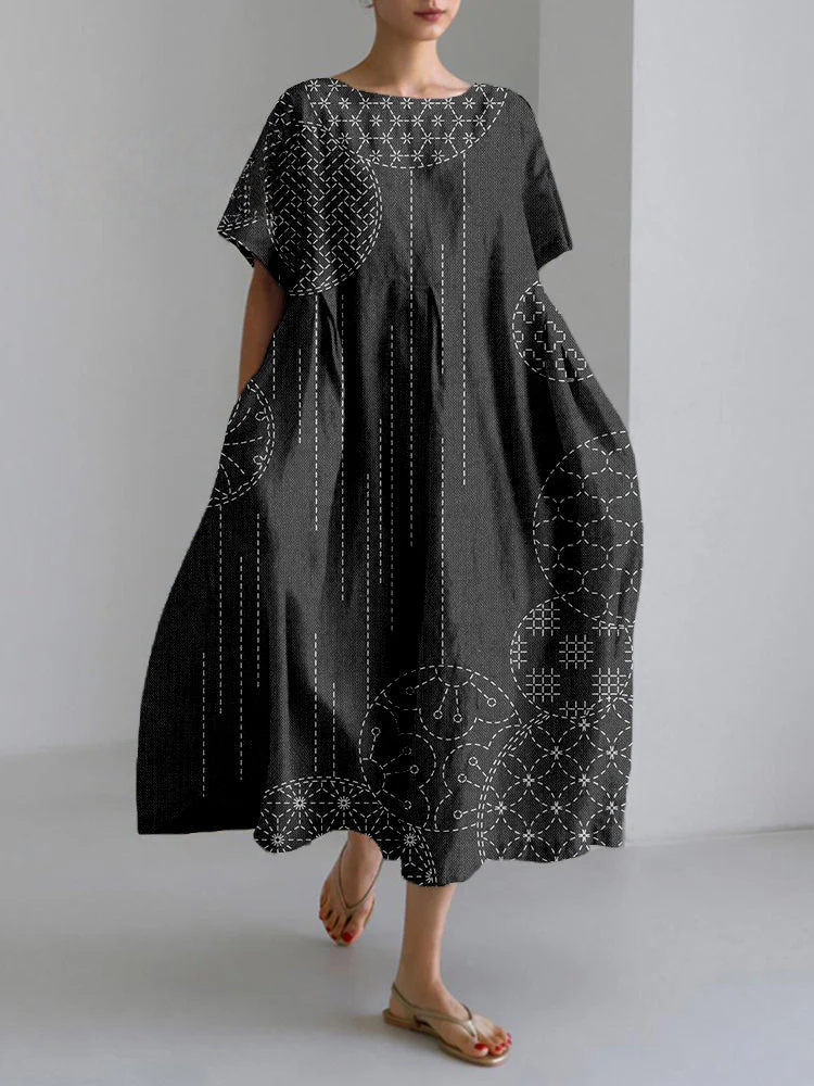 Windchimes Japanese Sashiko Art Linen Blend Maxi Dress