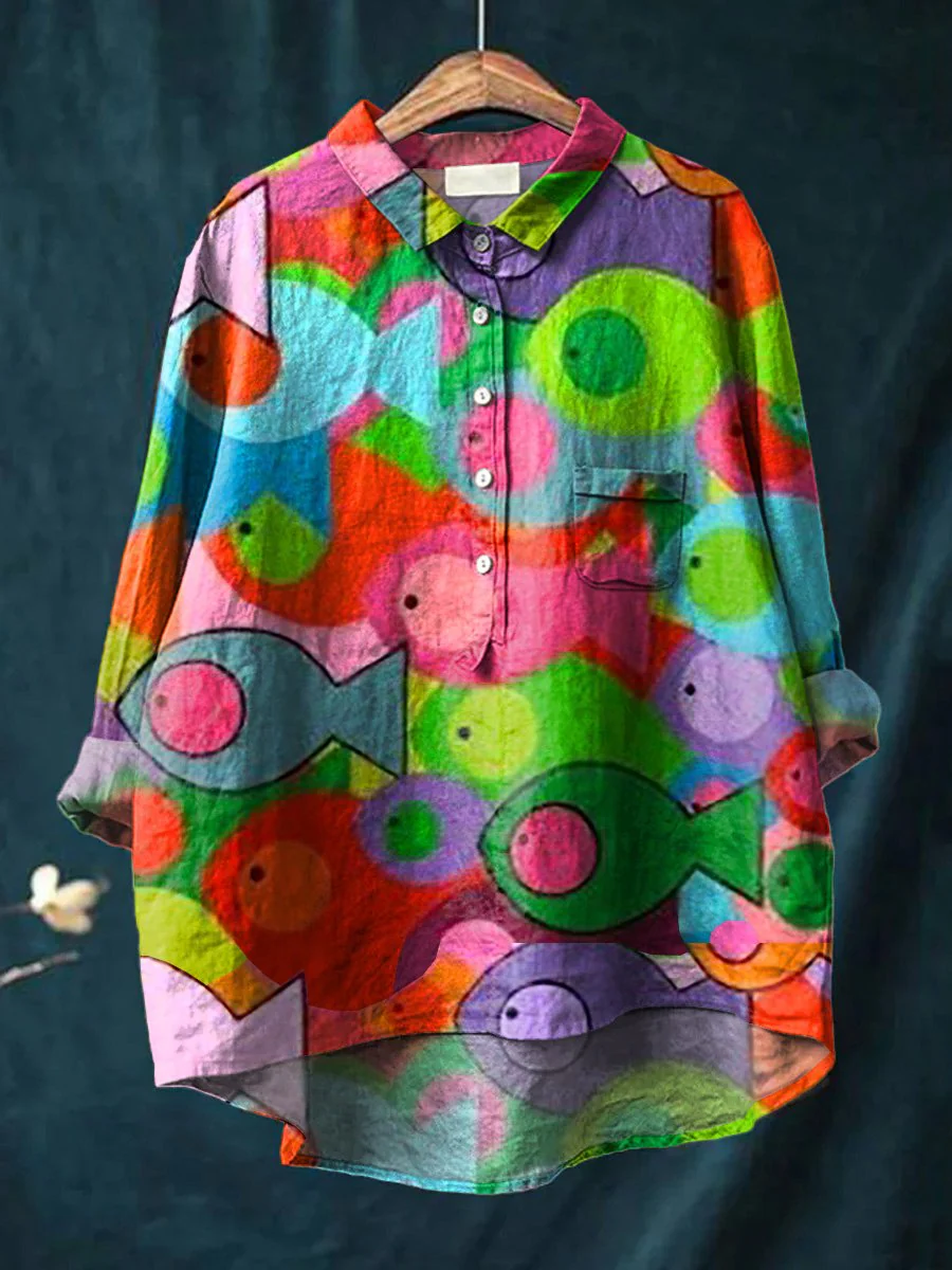 Colorful Sardine Fish Pattern Printed Women's Casual Cotton And Linen Shirt