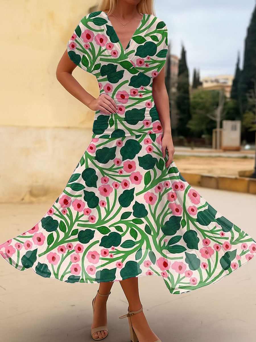 Women's Vintage Flower Art Print  Flowy Casual Dress