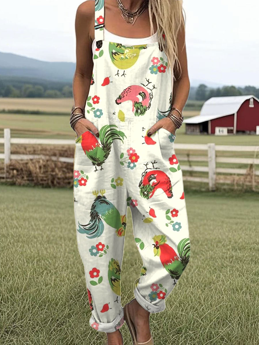 Women's  Funny Chick Art Print Casual 100% Cotton Wide Leg Jumpsuit