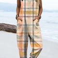 Women's Minimalist plaid art Print Casual 100% Cotton Wide Leg Jumpsuit