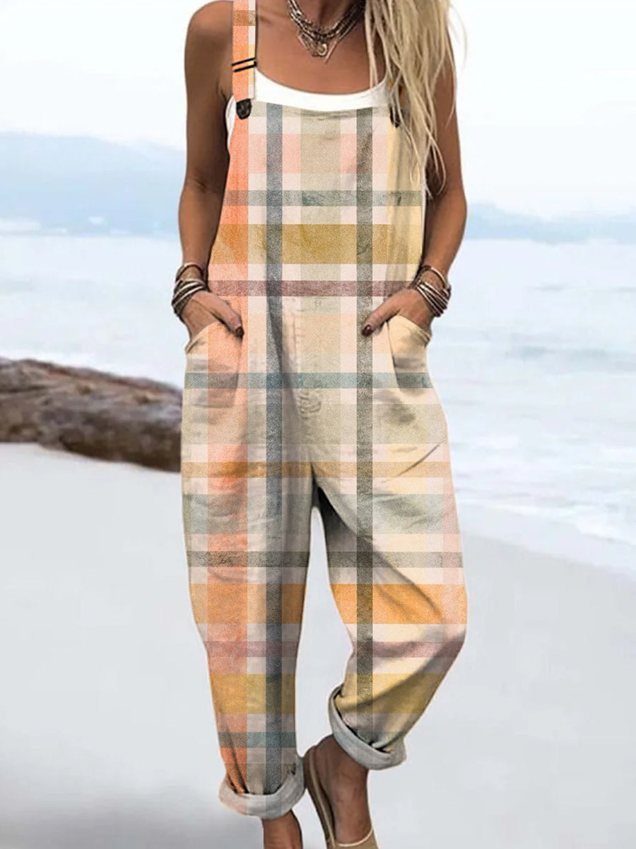 Women's Minimalist plaid art Print Casual 100% Cotton Wide Leg Jumpsuit