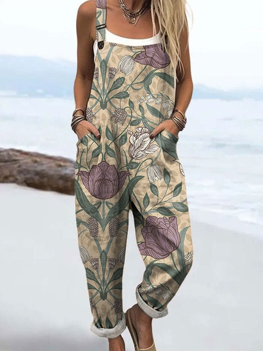 Women's Vintage Flower Art Print Casual 100% Cotton Wide Leg Jumpsuit