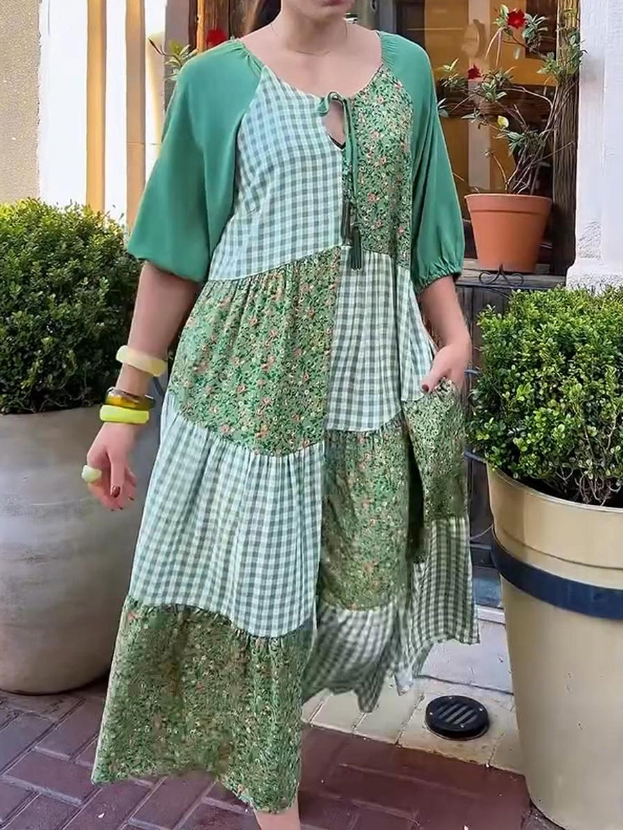 Women's Floral Print Plaid Patchwork Cotton Dress