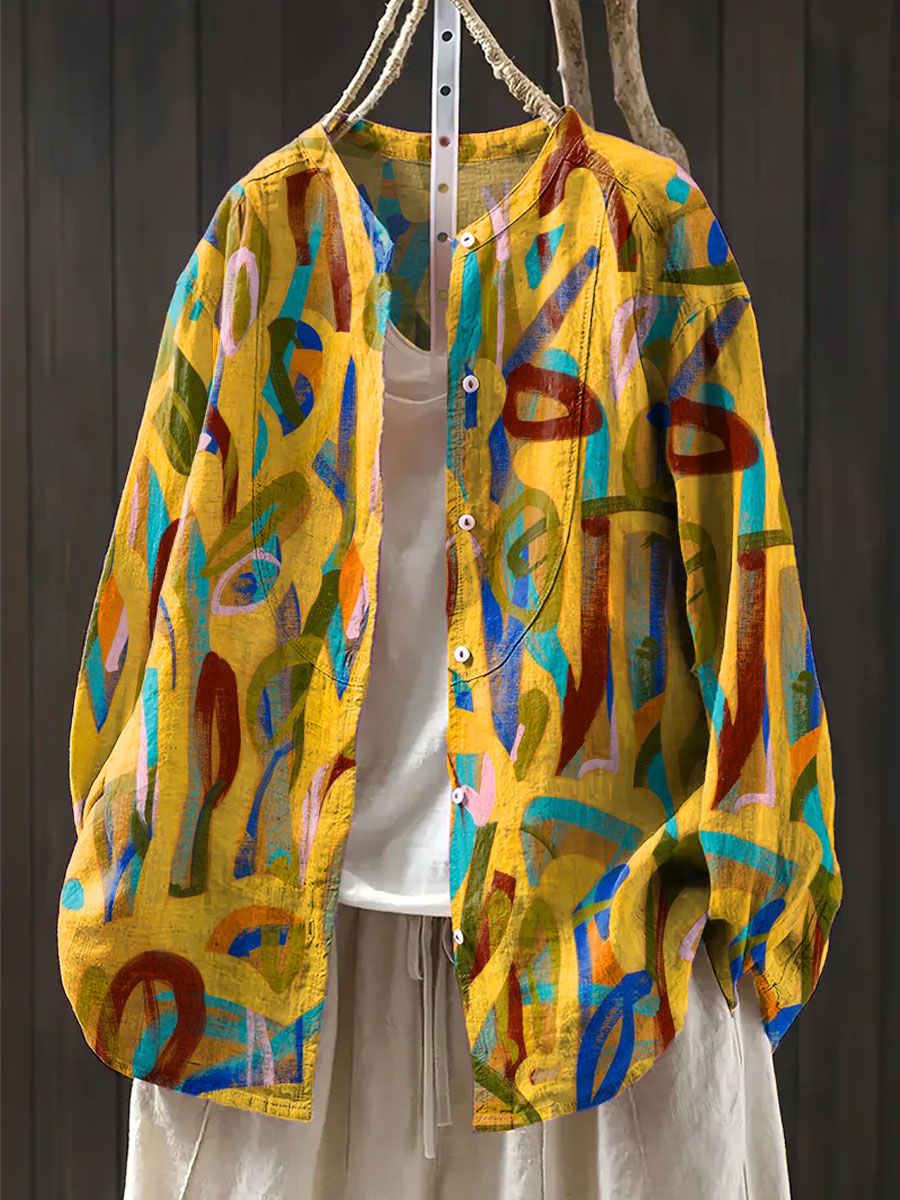 Women's Vintage  Abstract Geometry Art Print Casual Cotton And Linen Shirt