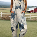 Women's Vintage Flower Art Print Casual 100% Cotton Wide Leg Jumpsuit