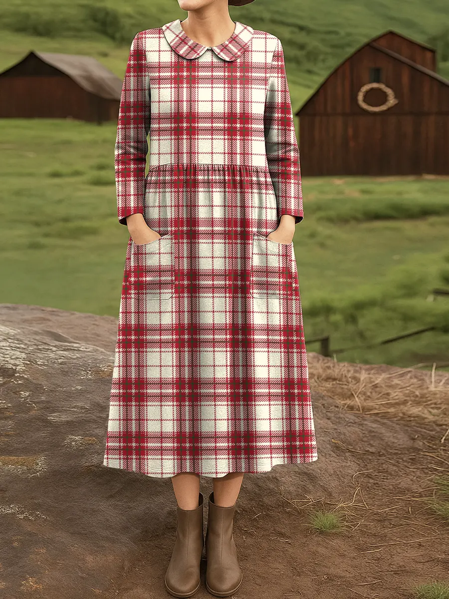 Women's Vintage Plaid Pattern Art Print Casual Cotton Dress